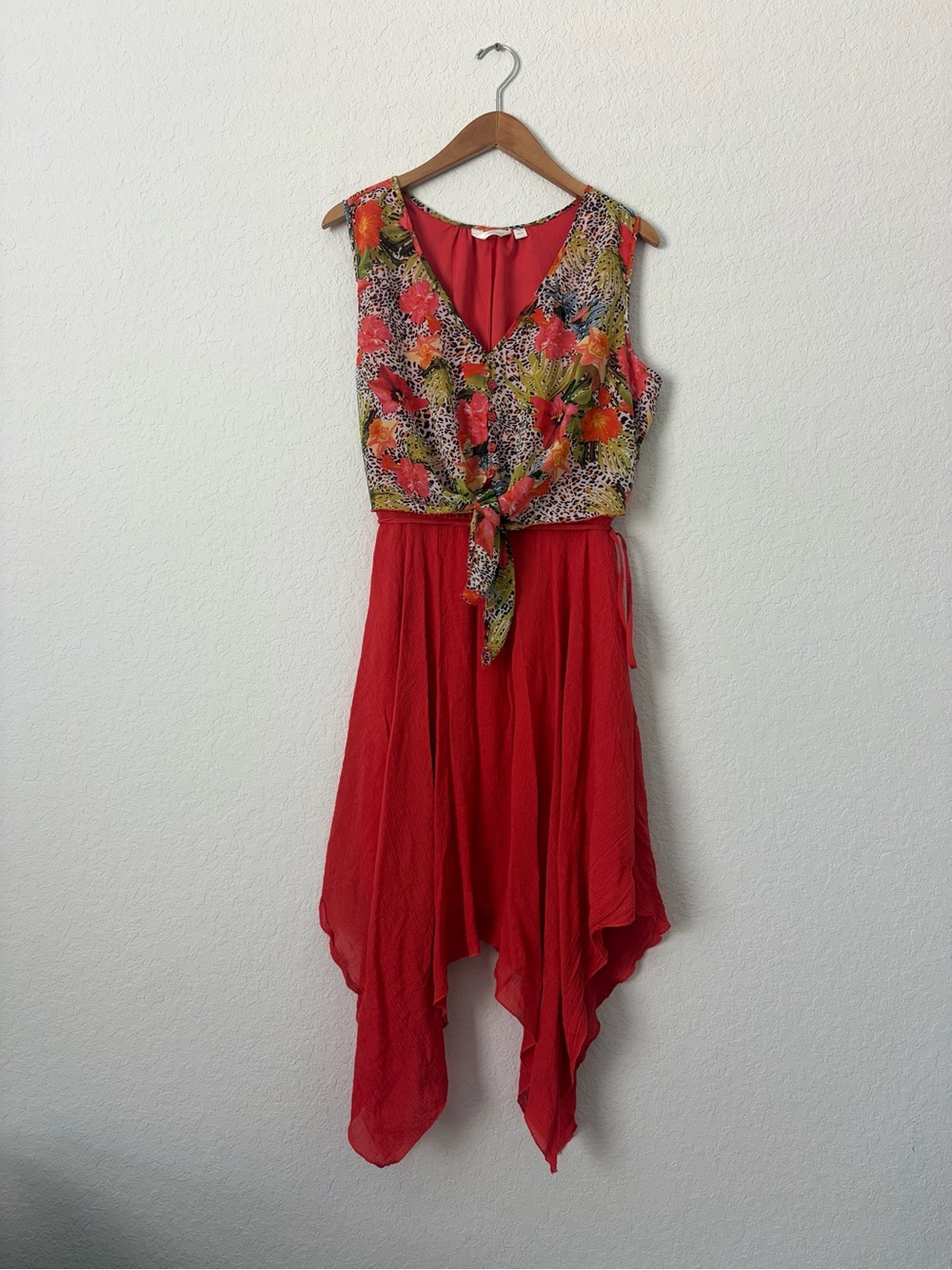 Mlle Gabriella Red Floral Tie-Front Handkerchief Hem Dress